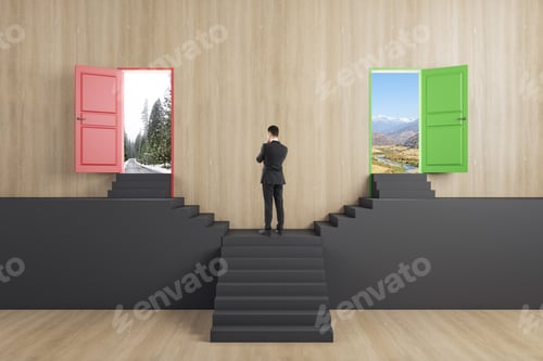 Preview: Attractive Businessman Standing On Abstract Black Staircase With Two Open Doors In Wooden Interior