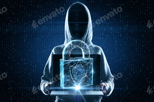 Preview: Hacker Using Laptop With Polygonal Padlock On Binary Code Background. Hacking And Safety Concept
