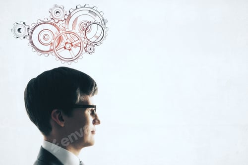 Preview: Businessman And Drawing Cogs And Gears Over Head. Teamwork And Idea Concept. Close Up