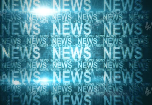 Preview: Abstract News Text Lines On Blue City Wallpaper. Informational Program Concept. Double Exposure