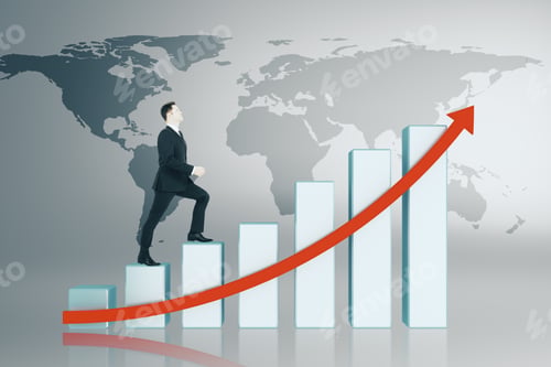 Preview: Businessman Climbing Abstract Digital Business Chart Interface With Map. Global Business, Finance
