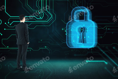 Preview: Businessman Looking At Creative Glowing Blue Padlock Hologram On Dark Circuit Background. Hardware