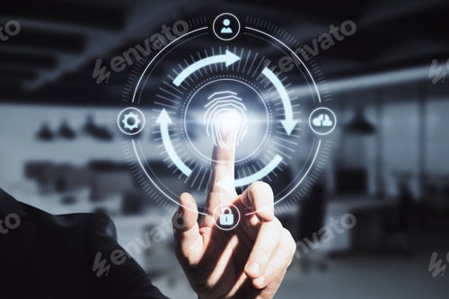 Preview: Close Up Of Businessman Hand Pointing At Abstract Glowing Fingerprint Id Scanning Interface On