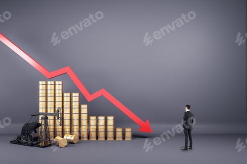 Preview: Businessman Looking At Oil Pump And Barrels With Falling Red Arrow On Grey Background. Crisis And