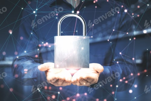 Preview: Businessman Holding Creative Glowing Padlock On City Background. Web Safety And Internet Concept