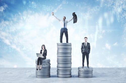 Preview: Happy Businessman And Businesswoman Standing On Silver Coins On Blue Sky Background. Finance And
