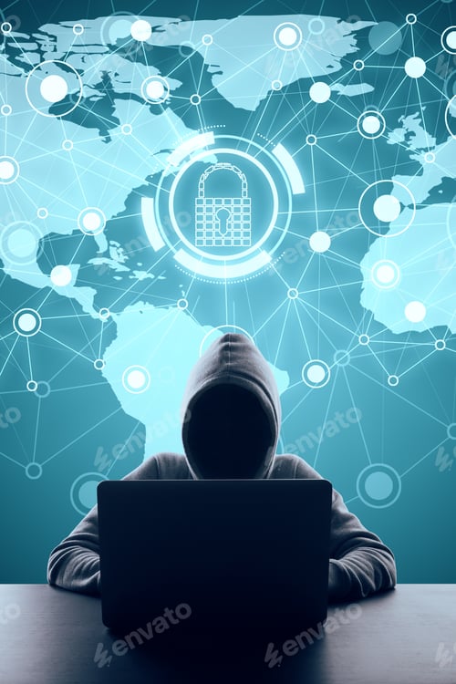 Preview: Hacker At Dark Desktop Using Laptop With Creative Glowing Digital Padlock Network On Blue