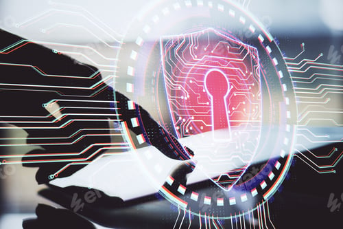Preview: Hand Using Tablet With Antivirus Shield Hologram. Web Safety And Protection Concept. Double Exposure