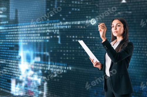 Preview: Attractive Young European Businesswoman Writing Binary Code On Abstract Blurry Night City