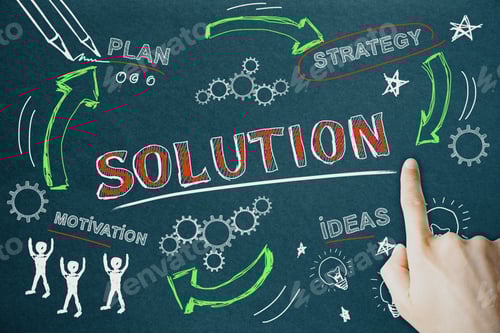 Preview: Solution, Finance And Marketing Concept. Creative Hand Drawn Business Sketch On Chalkboard