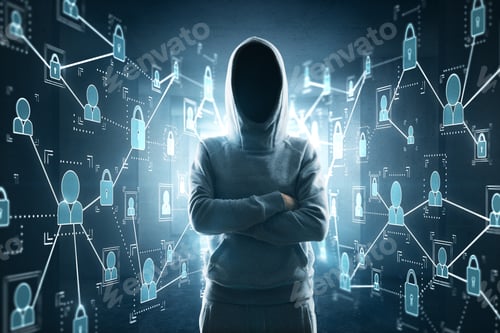 Preview: Cybercrime, Hacking And Technology Crime. No Face Hacker Crossing Hands In Dark Room With Digital