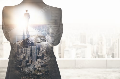 Preview: Back View Of Young Businessman Walking On Pier On Abstract City Background With Copy Space