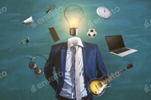 Preview: Abstract Image Of Headless Businessman With Idea Head, Laptop, Guitar And Other Items Flying Around