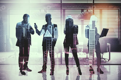 Preview: Crowd Of Businesspeople Silhouettes Standing And Working Together On Blurry Office Interior