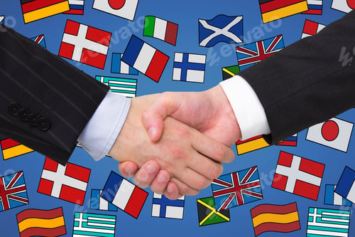 Preview: Close Up Of Businessmen Shaking Hands With Abstract Colorful Flag Drawings. Travel, Teamwork