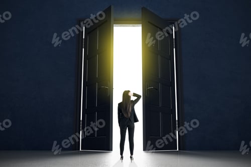 Preview: Decision Making Concept With Businesswoman Standing In Front Of Doors In Abstract Bright Space.