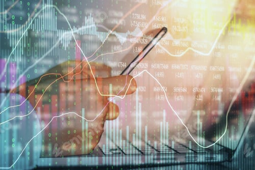 Preview: Side View And Close Up Of Hands Using Laptop And Smartphone With Forex Chart. Analytics And Finance