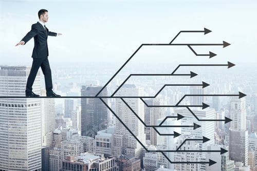 Preview: Businessman Walking On Abstract Digital Arrows On Megapolis City View Background. Leadership And