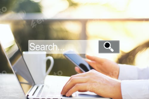 Preview: Hand Using Smartphone Laptop With Internet Browser Search Bar. Technology And Communication