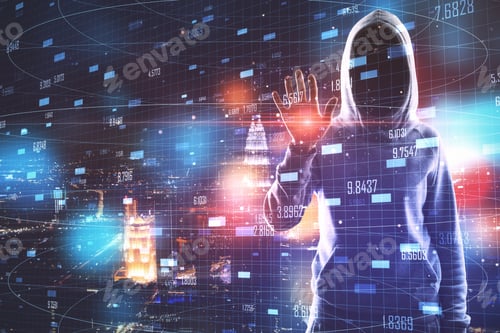 Preview: Big Data And Hacking Concept. Hacker Using Creative Digital Numbers Mesh On Blurry Bokeh