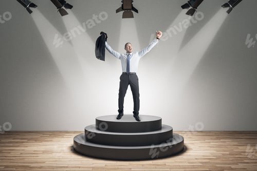 Preview: Best Employee And Leadership Concept. Happy Businessman Standing On Illuminated Pedestal On