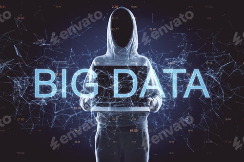 Preview: Hacker Holding Laptop On Abstract Polygonal Big Data Background. Technology And Hacking Concept