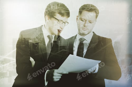 Preview: Two Handsome Businessmen Discussing Contract Terms And Conditions On Abstract Background With City