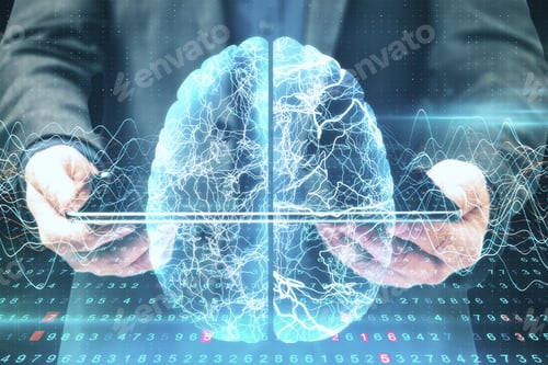 Preview: Businessman Holding Digital Tablet With Glowing Brain And Lines Hologram. Artificial Intelligence
