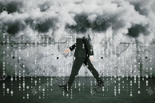 Preview: Big Data Cocnept With Walking Man Under Clouds And Numbers Rain At Concrete Wall Background.