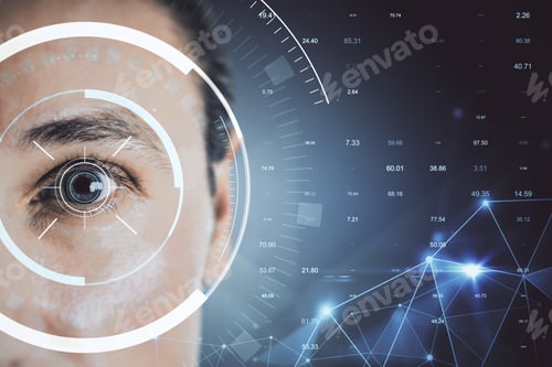 Preview: European Face With Hologram On Eye. Blurry Background. Face Id And Innovation Concept. Double