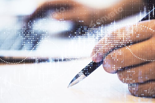 Vista previa: Hand With Pen And Business Chart. Finance And Trade Concept. Multiexposure