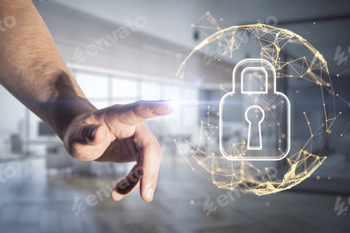 Preview: Close Up Of Businessman Hand Pointing At Abstract Glowing Polygonal Sphere With Glowing Digital