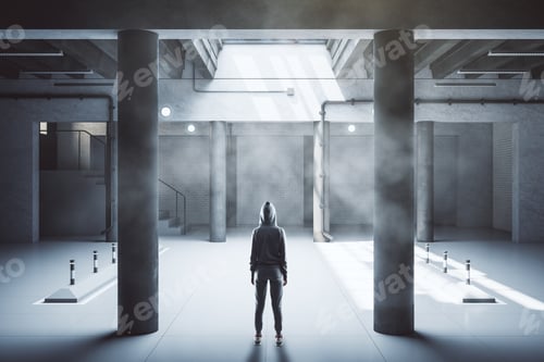 Preview: Hacker Standing In Minimalistic Parking Garage Underground. Urbanization And Transport Concept.
