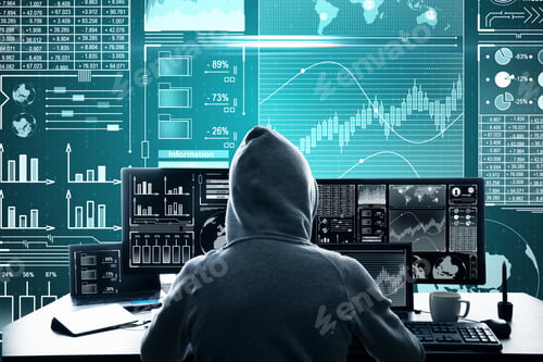 Preview: Malware And Hud Concept. Back View Of Hacker At Desktop Using Laptop With Digital Business