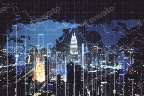 Preview: Falling Stock Chart With Digital World Map On Blurry Night City Background. Trade And Investment