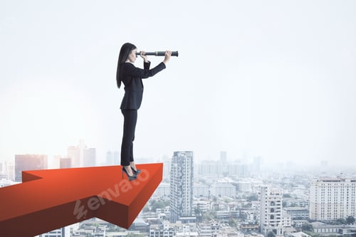 Preview: Businesswoman With Telescope Standing On Red Arrow And Looking On City. Growth And Research Concept.