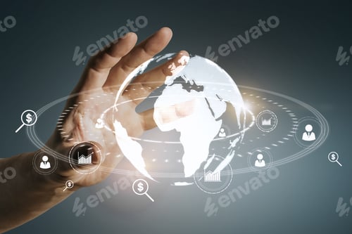 Preview: Close Up Of Man Hand Holding Glowing Social Globe Hologram On Blue Background. Information, Data