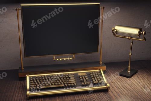 Preview: Vintage Steampunk Typewrier With Vintage Lamp On Wooden Table 3D Render