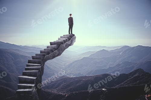 Preview: Businessman Looking Into The Distance On Abstract Stairs. Landscape Background. Research And Job