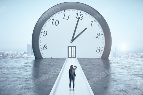 Preview: Businesswoman Looking On Clock With Door On A City View Background. Business And Challenge Concept.