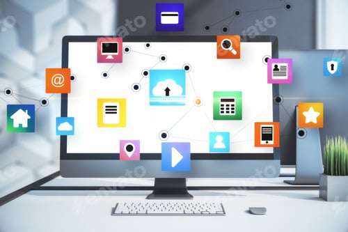 Preview: Workplace With Computer On Table And Cloud Computing Diagram. Business And Technology Concept