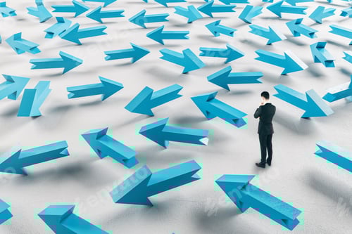 Preview: Businessman In Suit Looking On Group Blue Arrows. Leadership And Way Concept