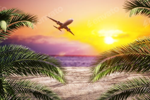 Preview: Airplane Flying Over Beautiful Beach Background With Sand, Palms And Sunset. Travel And Nature