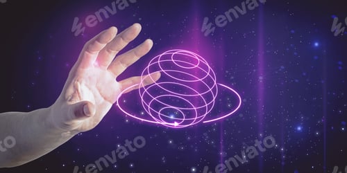 Preview: Close Up Of Businessman Hand Holding Abstract Creative Metaverse Hologram On Blurry Starry Sky