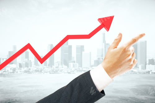Preview: Red Chart Arrow And Pointing Businessman'S Hand On City Background. Forward Concept