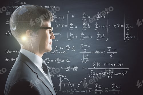 Preview: Side Portrait Of Young Businessman With Light Bulb On Chalkboard Background With Mathematical