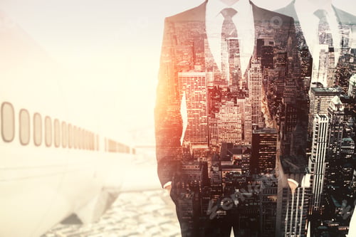 Preview: Businessman With Large Airplane Standing On Abstract City Background. Trip Concept. Double Exposure