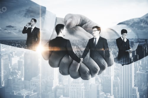 Preview: Handsome Businessmen Shaking Hands On Modern City Background. Contract Concept. Double Exposure
