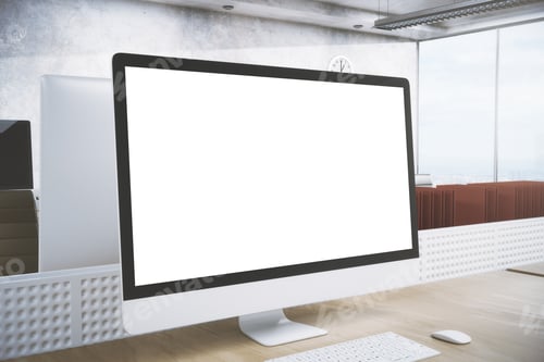 Preview: Creative Designer Workplace With Empty White Pc Screen. Side View. Advertising Concept. Mock Up, 3D