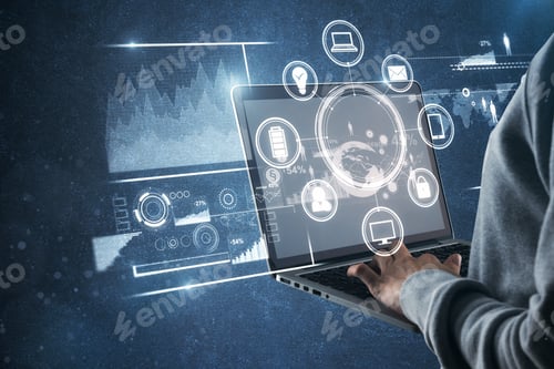 Preview: Side View Of Businessman Hands Using Laptop With Business Interface. Future And Innovation Concept